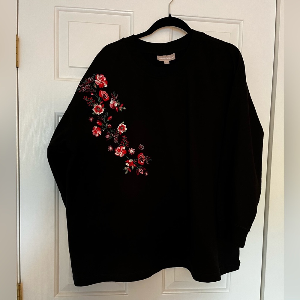 Woman Within, 2X, Black Sweatshirt w/ embroidered flower design.